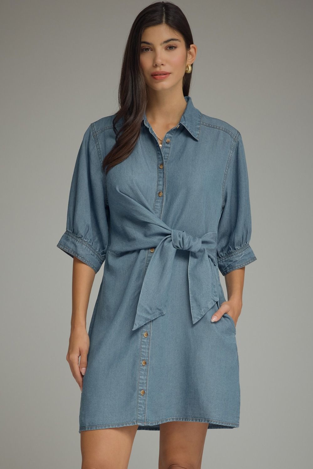 Denim 3/4 Sleeve Mini Dress Featuring Self-Tie Waist