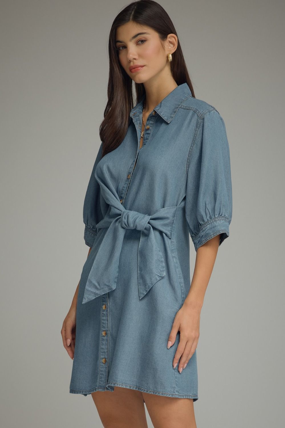 Denim 3/4 Sleeve Mini Dress Featuring Self-Tie Waist