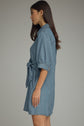 Denim 3/4 Sleeve Mini Dress Featuring Self-Tie Waist