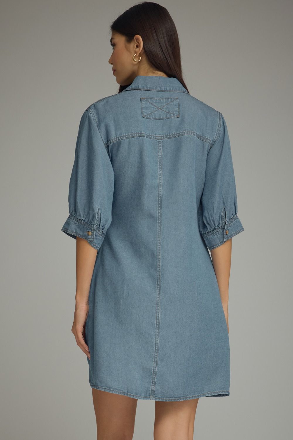 Denim 3/4 Sleeve Mini Dress Featuring Self-Tie Waist