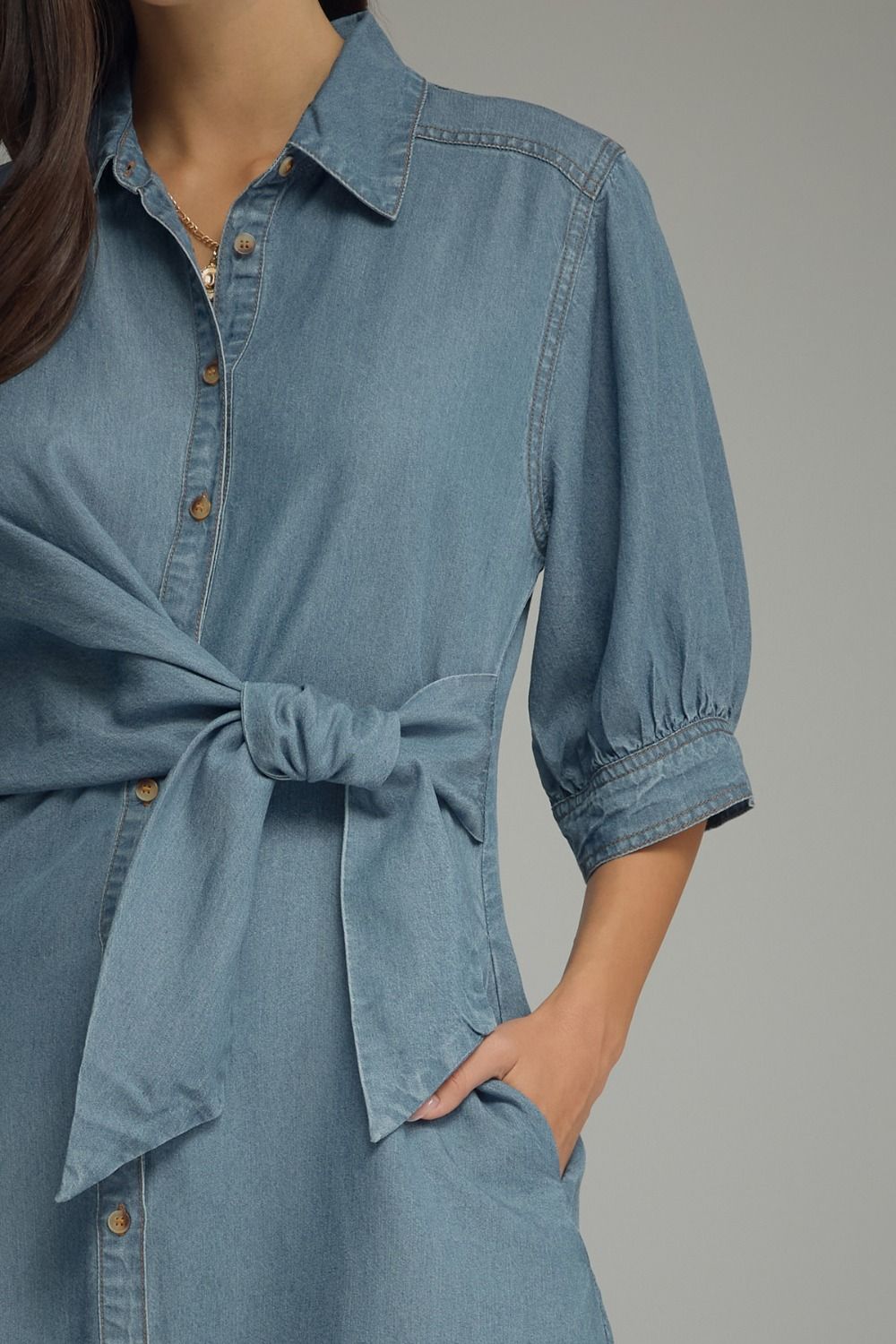 Denim 3/4 Sleeve Mini Dress Featuring Self-Tie Waist