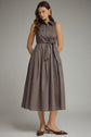 Striped Collared Sleeveless Midi Dress With Waist Tie