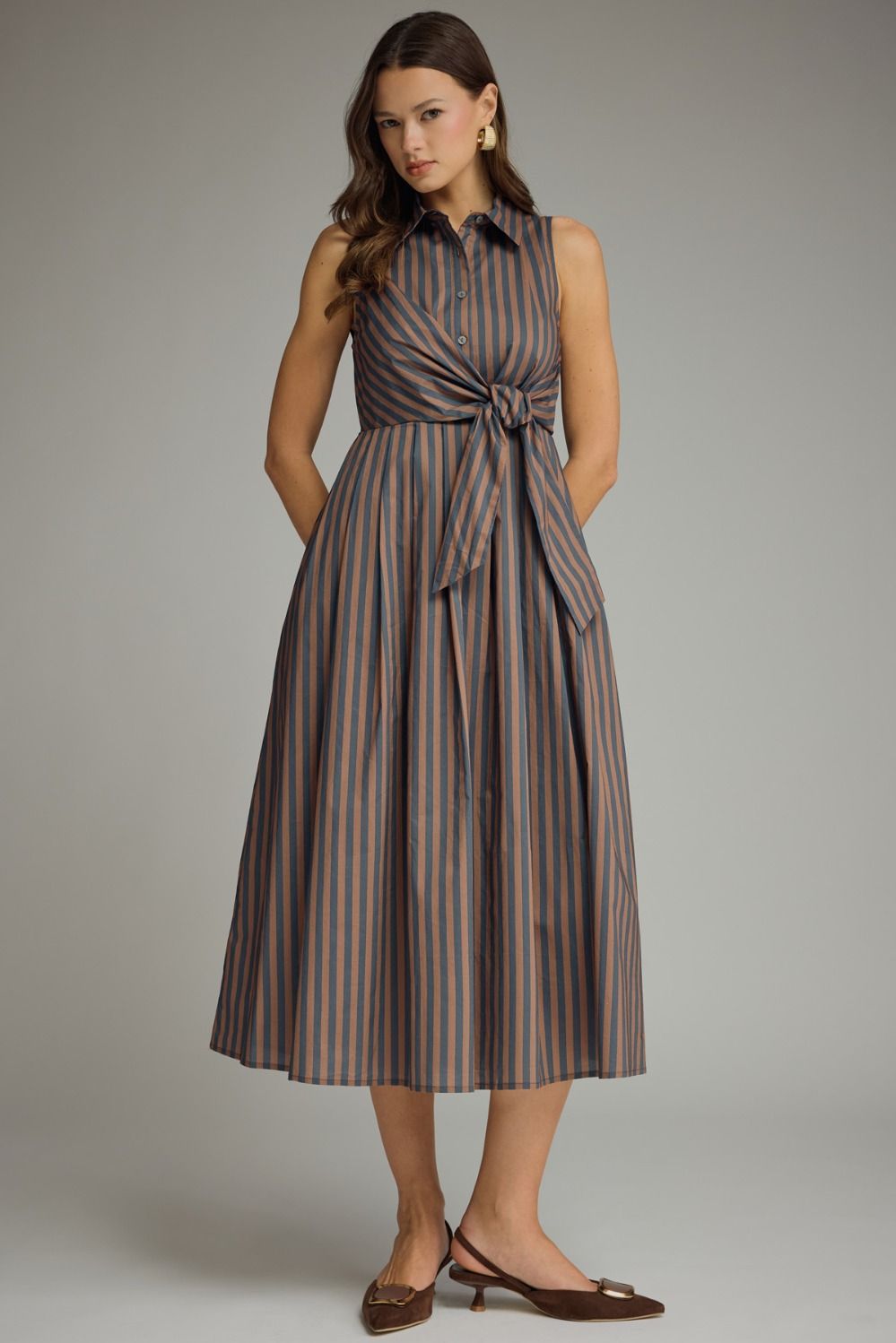 Striped Collared Sleeveless Midi Dress With Waist Tie