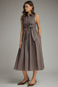 Striped Collared Sleeveless Midi Dress With Waist Tie