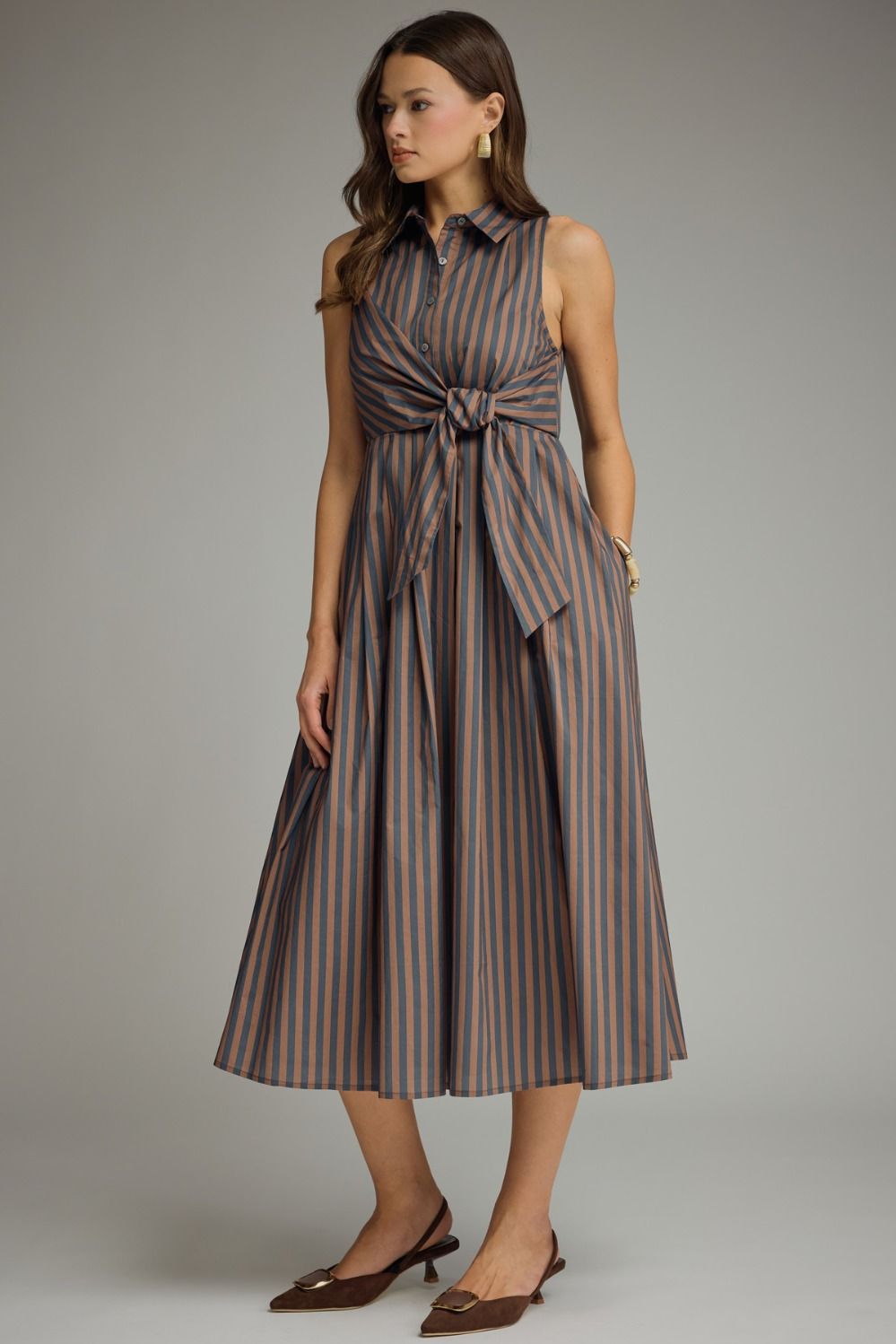 Striped Collared Sleeveless Midi Dress With Waist Tie