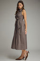 Striped Collared Sleeveless Midi Dress With Waist Tie