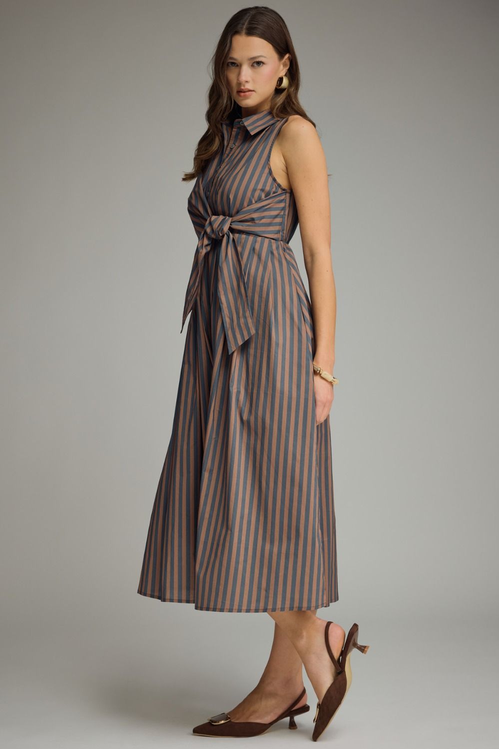 Striped Collared Sleeveless Midi Dress With Waist Tie