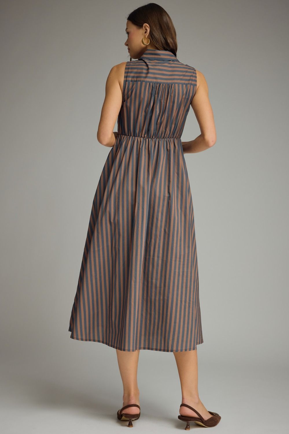 Striped Collared Sleeveless Midi Dress With Waist Tie