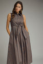 Striped Collared Sleeveless Midi Dress With Waist Tie