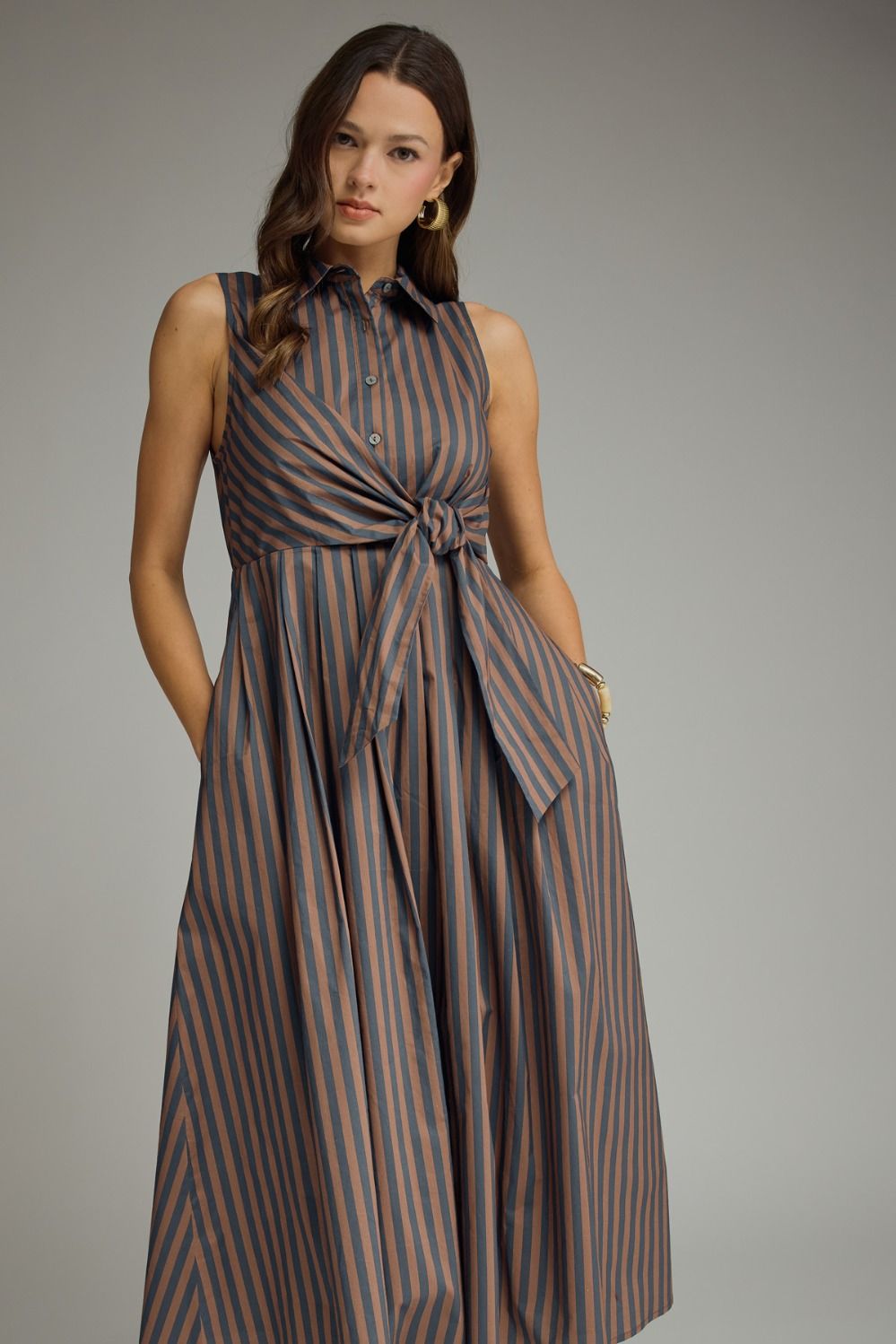 Striped Collared Sleeveless Midi Dress With Waist Tie