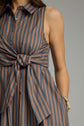 Striped Collared Sleeveless Midi Dress With Waist Tie