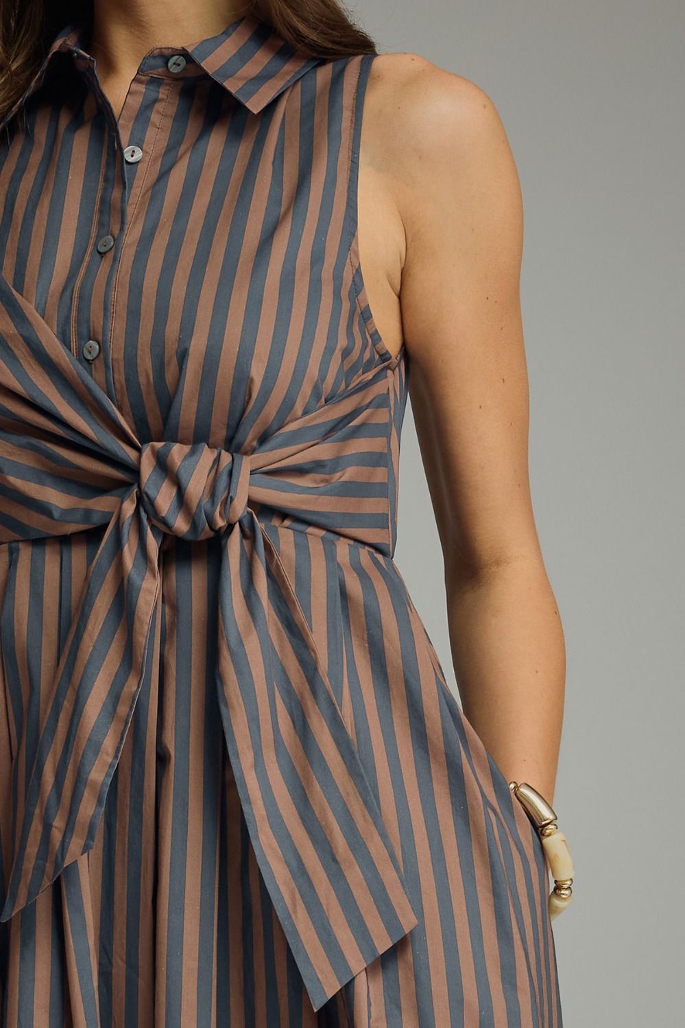 Striped Collared Sleeveless Midi Dress With Waist Tie