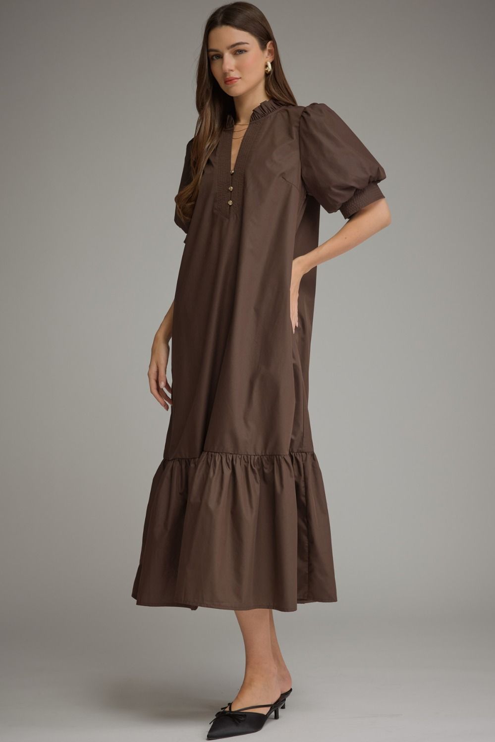 Solid puff sleeve midi with ruffle hem
