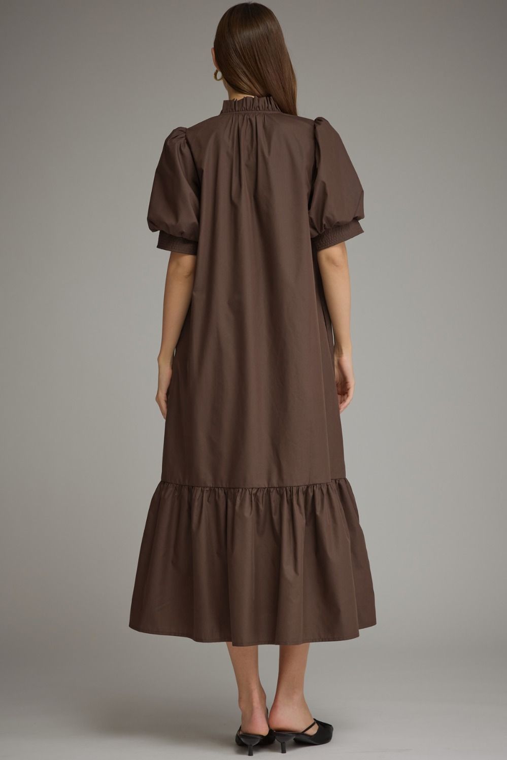Solid puff sleeve midi with ruffle hem