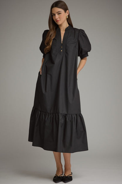 Solid puff sleeve midi with ruffle hem
