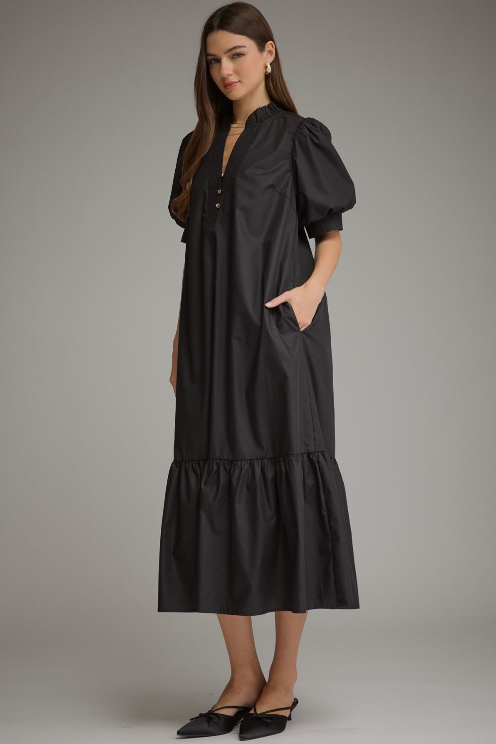Solid puff sleeve midi with ruffle hem