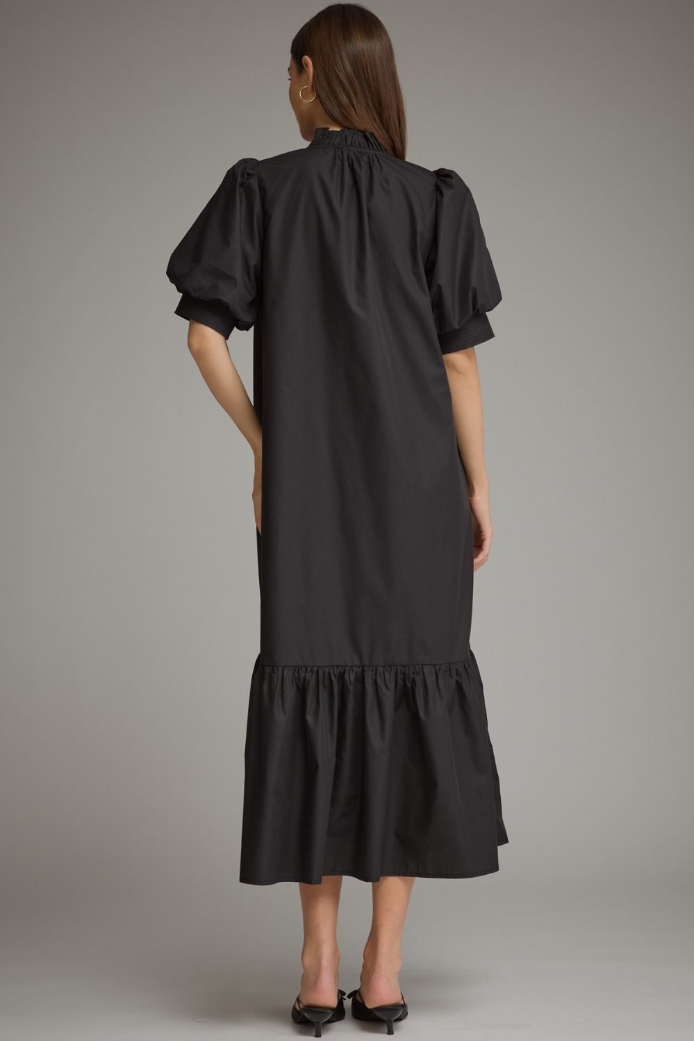 Solid puff sleeve midi with ruffle hem