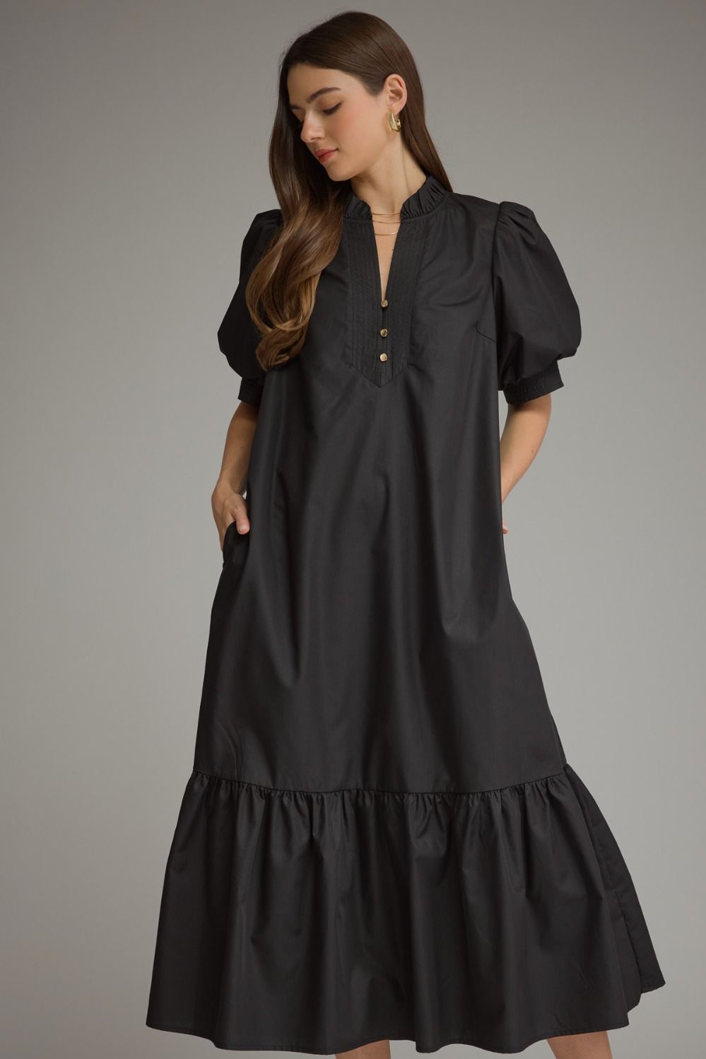 Solid puff sleeve midi with ruffle hem