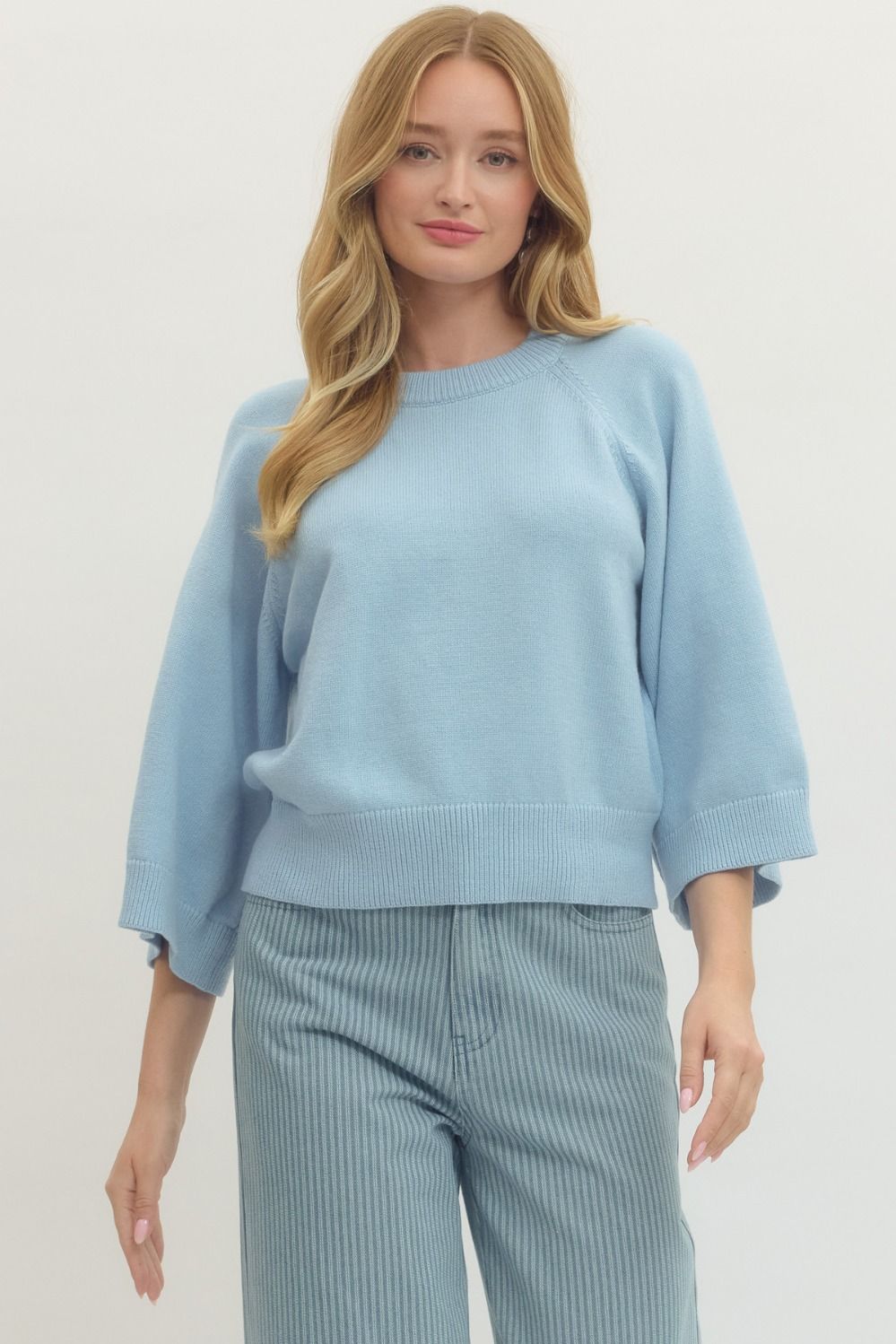 Solid Raglan 3/4 Sleeve Sweater Knit Top