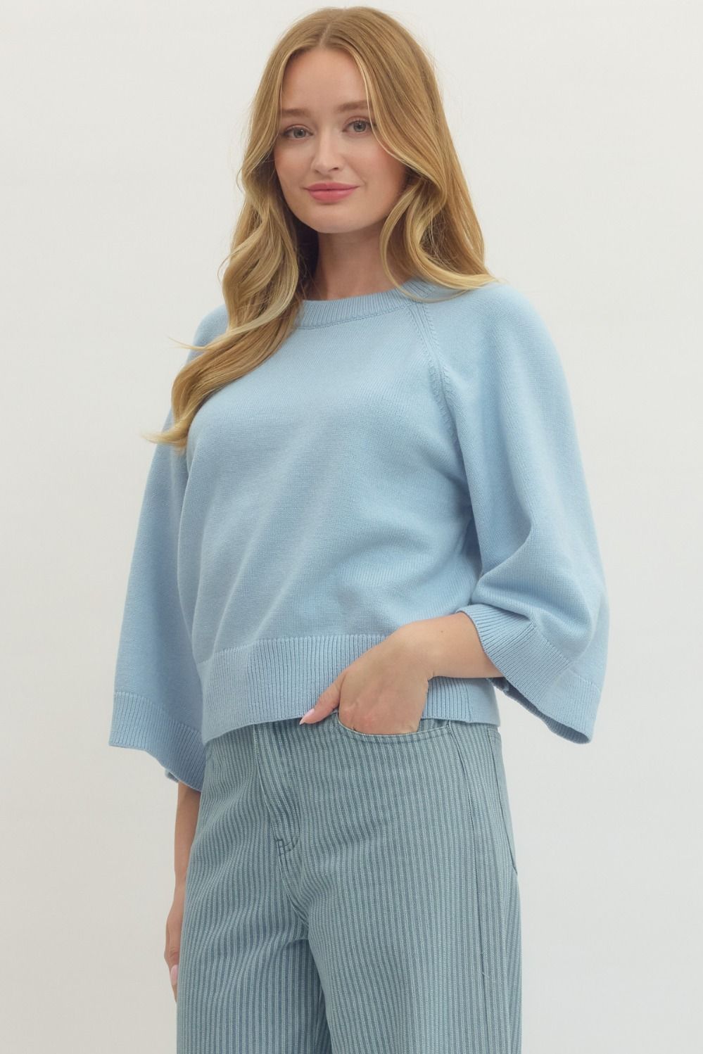 Solid Raglan 3/4 Sleeve Sweater Knit Top