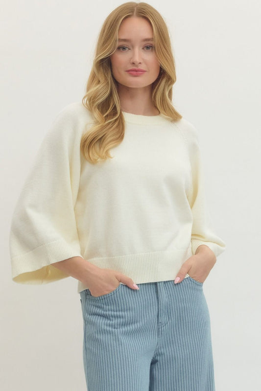 Solid Raglan 3/4 Sleeve Sweater Knit Top