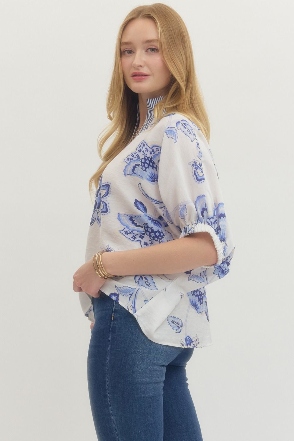 Floral Print Dolman Top with Stripe Band Collar