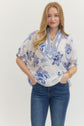 Floral Print Dolman Top with Stripe Band Collar