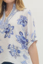 Floral Print Dolman Top with Stripe Band Collar