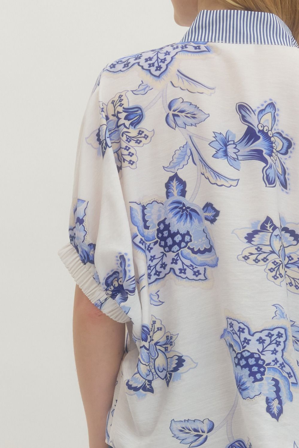 Floral Print Dolman Top with Stripe Band Collar