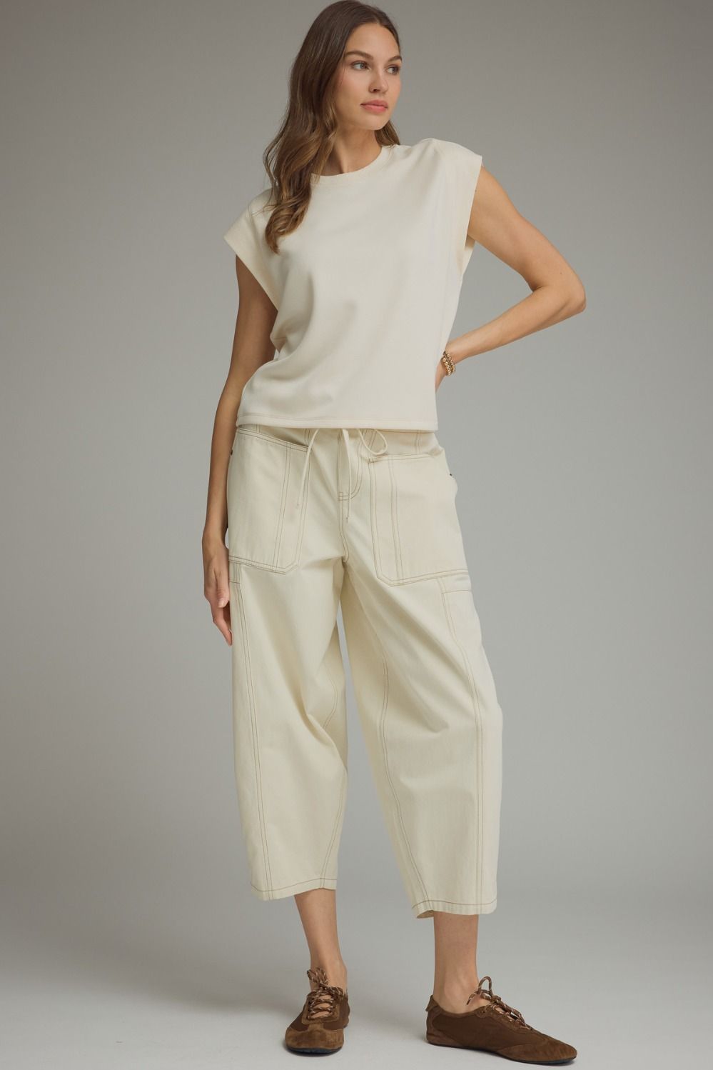 Solid Round Neck Cap Sleeve Top Featuring Ribbed Trim