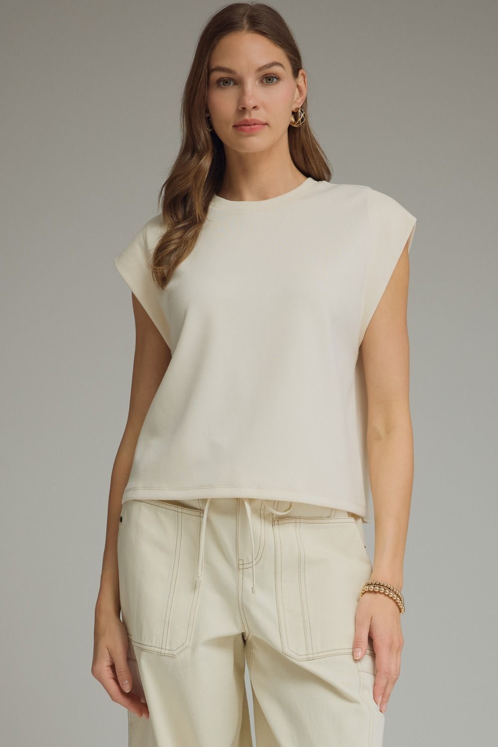 Solid Round Neck Cap Sleeve Top Featuring Ribbed Trim