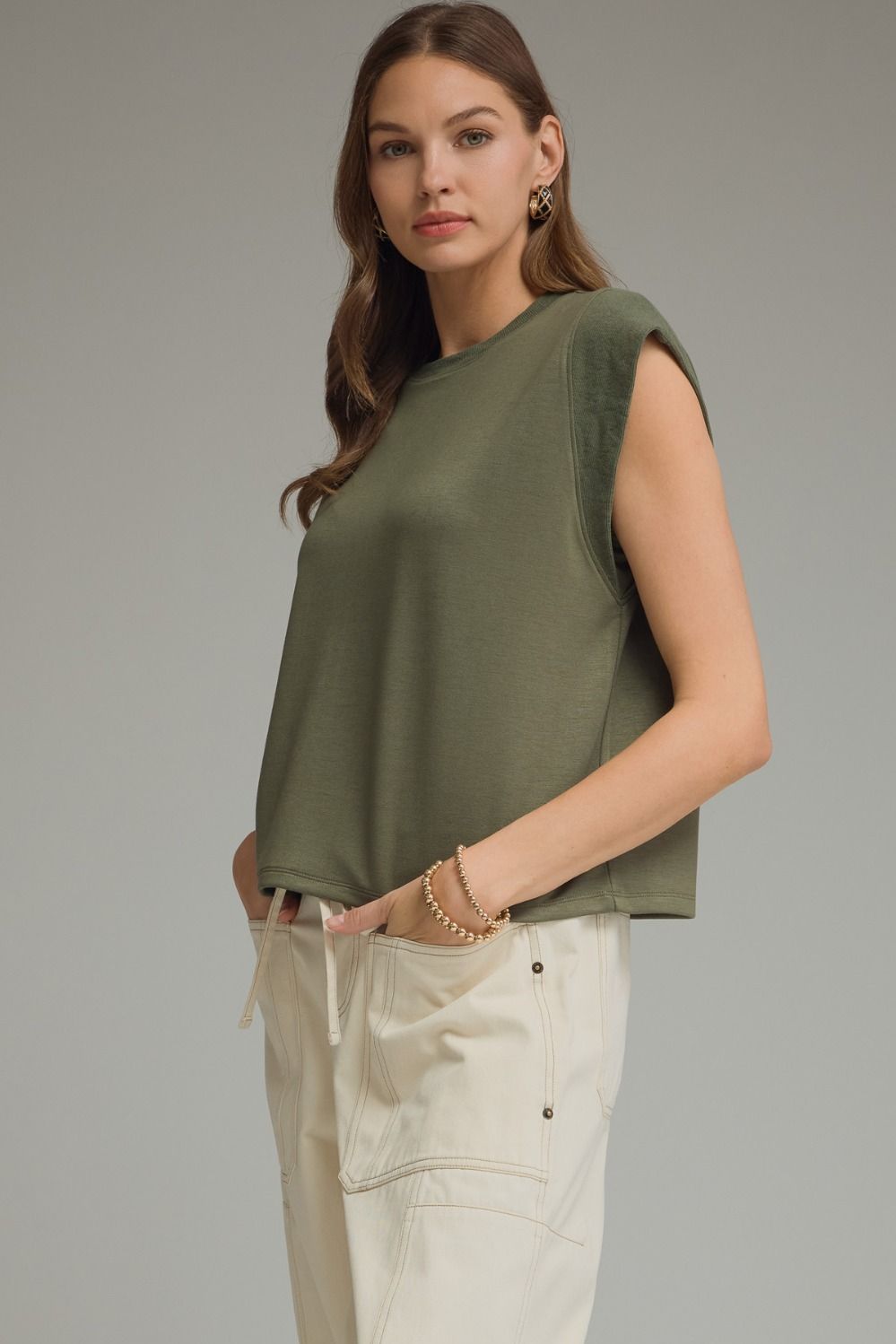 Solid Round Neck Cap Sleeve Top Featuring Ribbed Trim