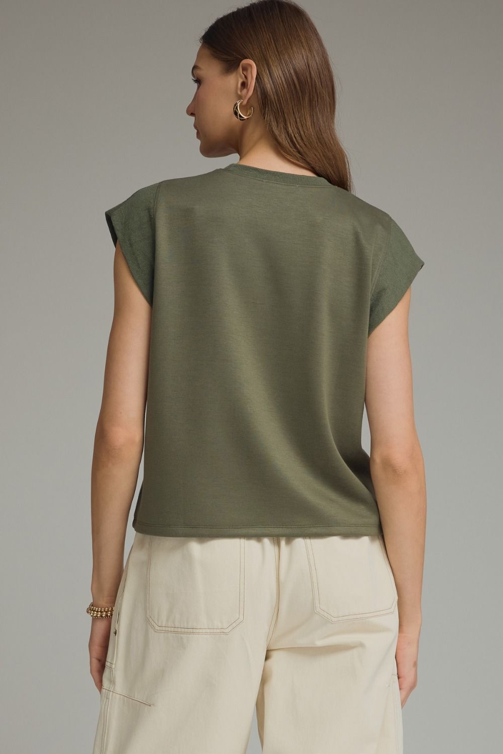 Solid Round Neck Cap Sleeve Top Featuring Ribbed Trim