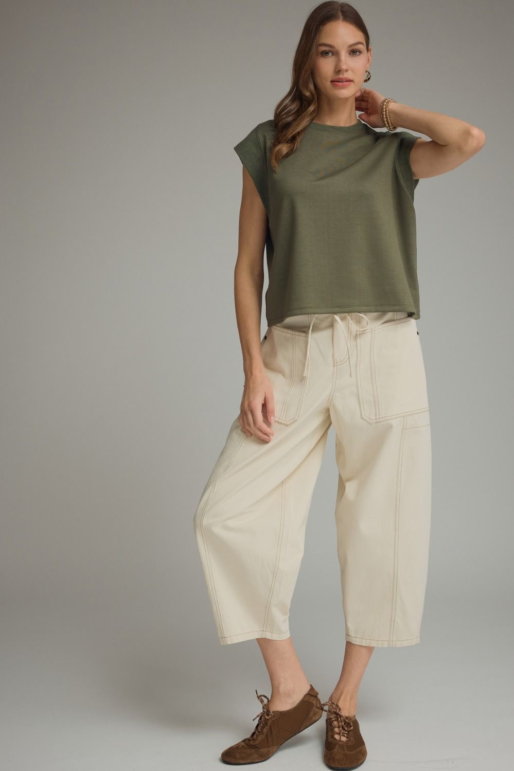 Solid Round Neck Cap Sleeve Top Featuring Ribbed Trim