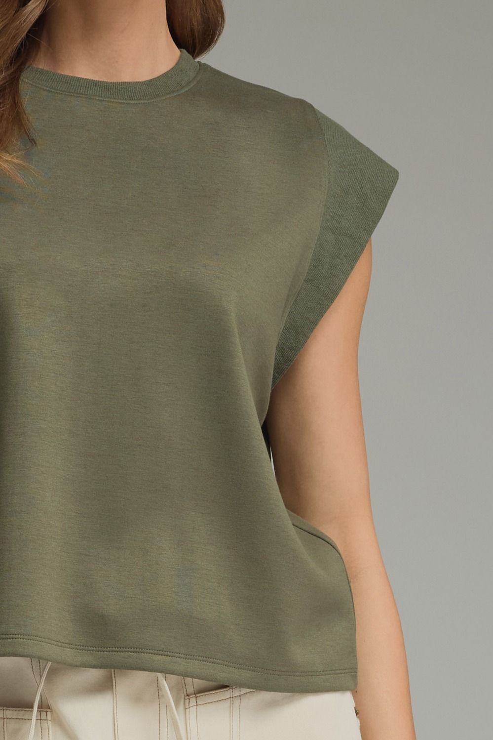 Solid Round Neck Cap Sleeve Top Featuring Ribbed Trim