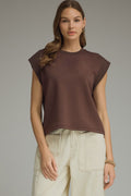 Solid Round Neck Cap Sleeve Top Featuring Ribbed Trim
