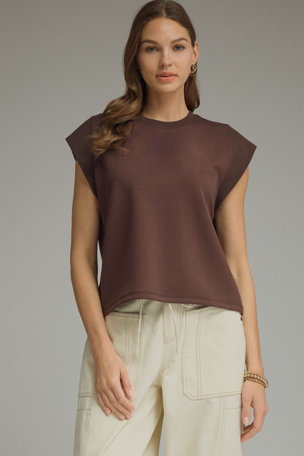 Solid Round Neck Cap Sleeve Top Featuring Ribbed Trim