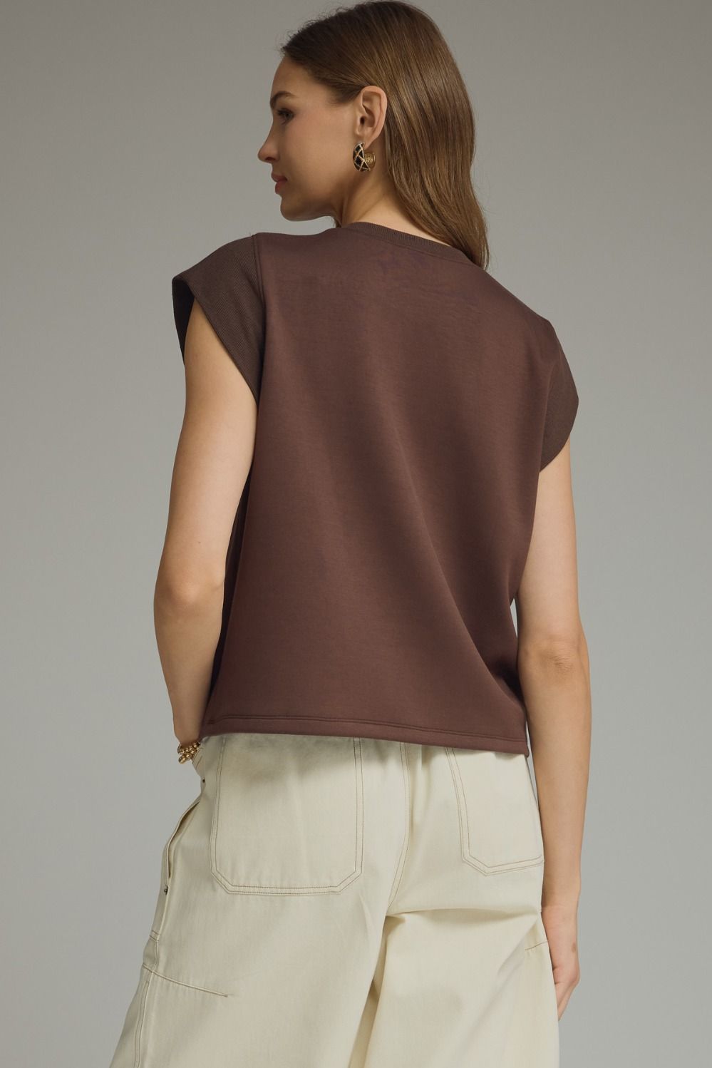 Solid Round Neck Cap Sleeve Top Featuring Ribbed Trim