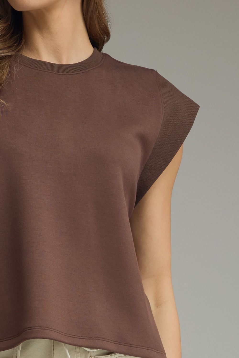 Solid Round Neck Cap Sleeve Top Featuring Ribbed Trim