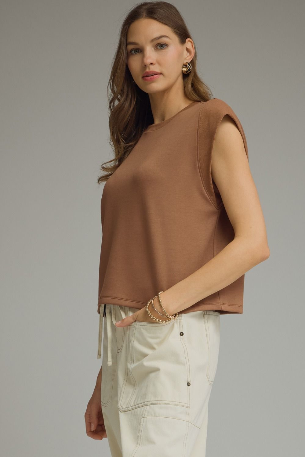 Solid Round Neck Cap Sleeve Top Featuring Ribbed Trim