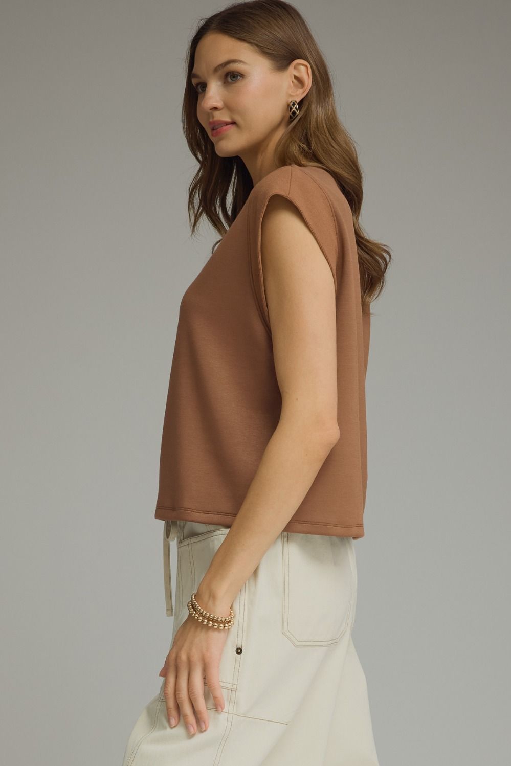 Solid Round Neck Cap Sleeve Top Featuring Ribbed Trim