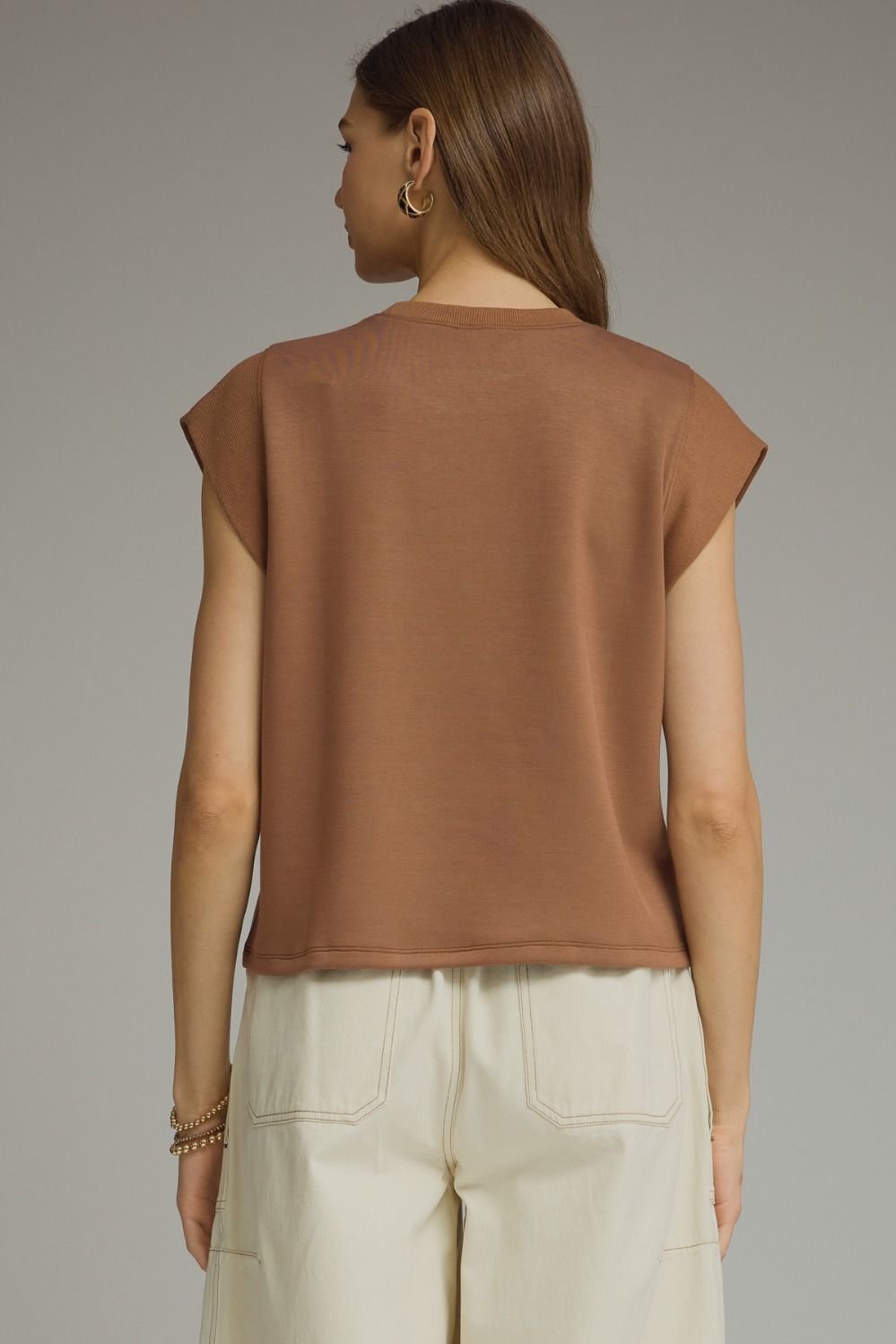 Solid Round Neck Cap Sleeve Top Featuring Ribbed Trim