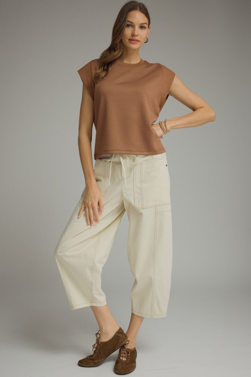 Solid Round Neck Cap Sleeve Top Featuring Ribbed Trim