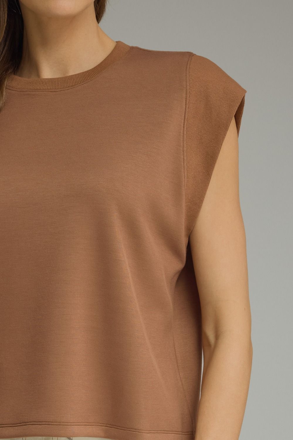Solid Round Neck Cap Sleeve Top Featuring Ribbed Trim