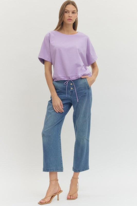 Solid Short Sleeve Round Neck Featuring Drawstring Hem