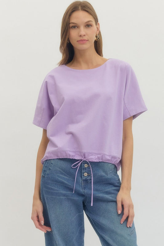 Solid Short Sleeve Round Neck Featuring Drawstring Hem
