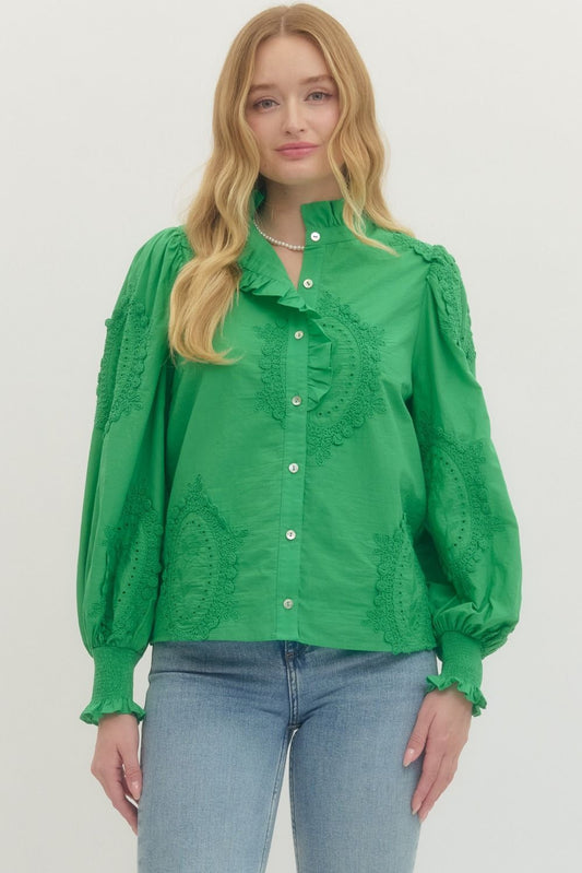 Embroiderd Long Sleeve Top with Eyelet Detail
