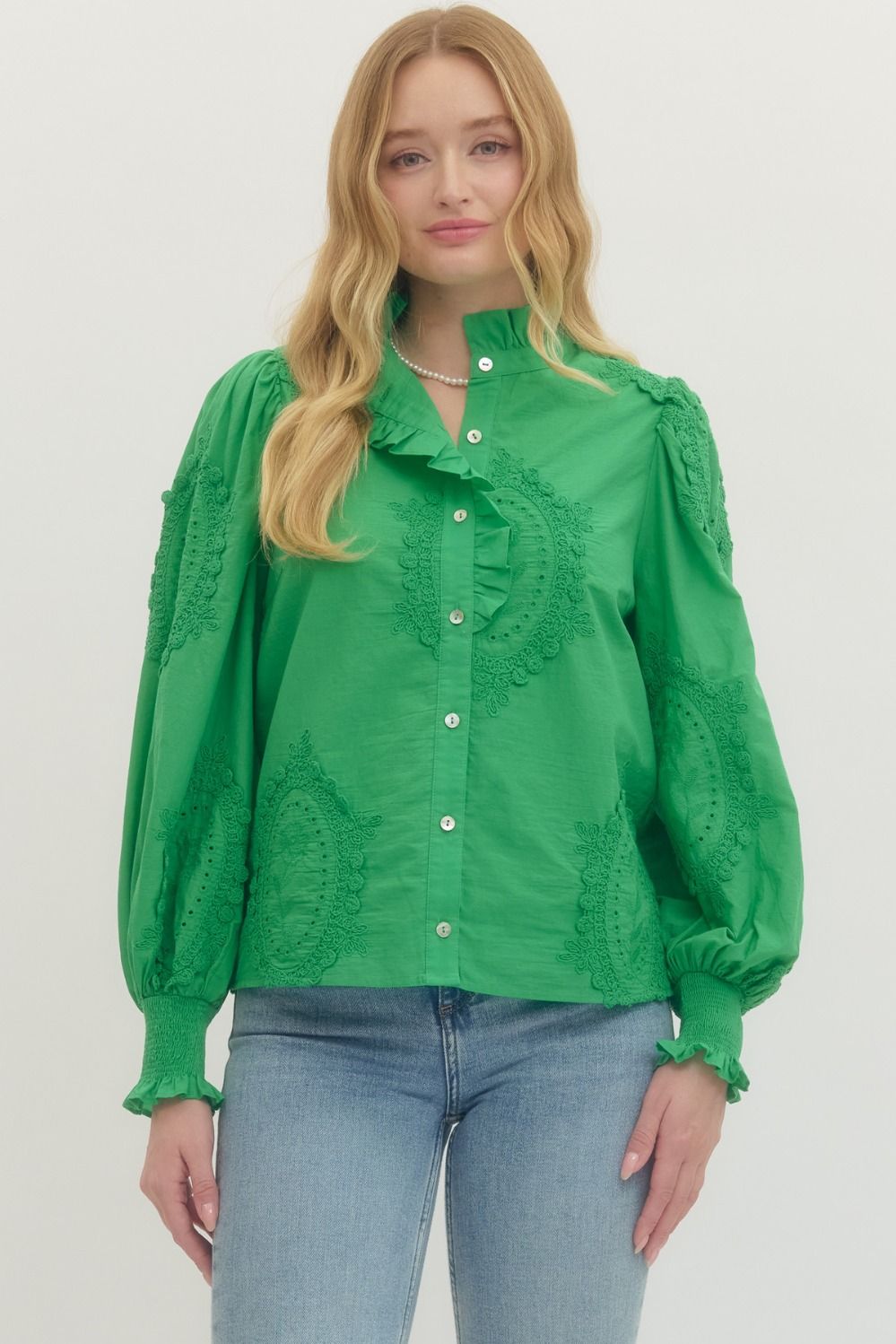 Embroiderd Long Sleeve Top with Eyelet Detail