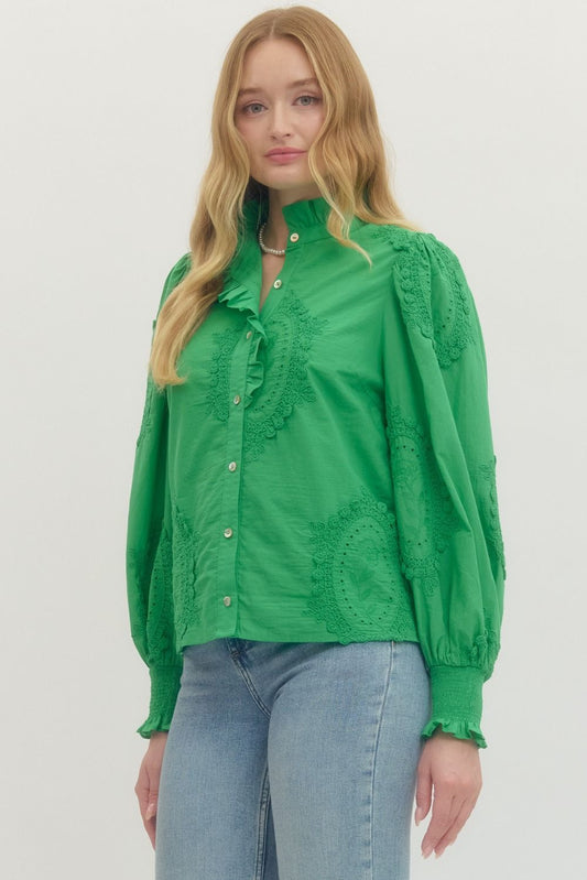 Embroiderd Long Sleeve Top with Eyelet Detail