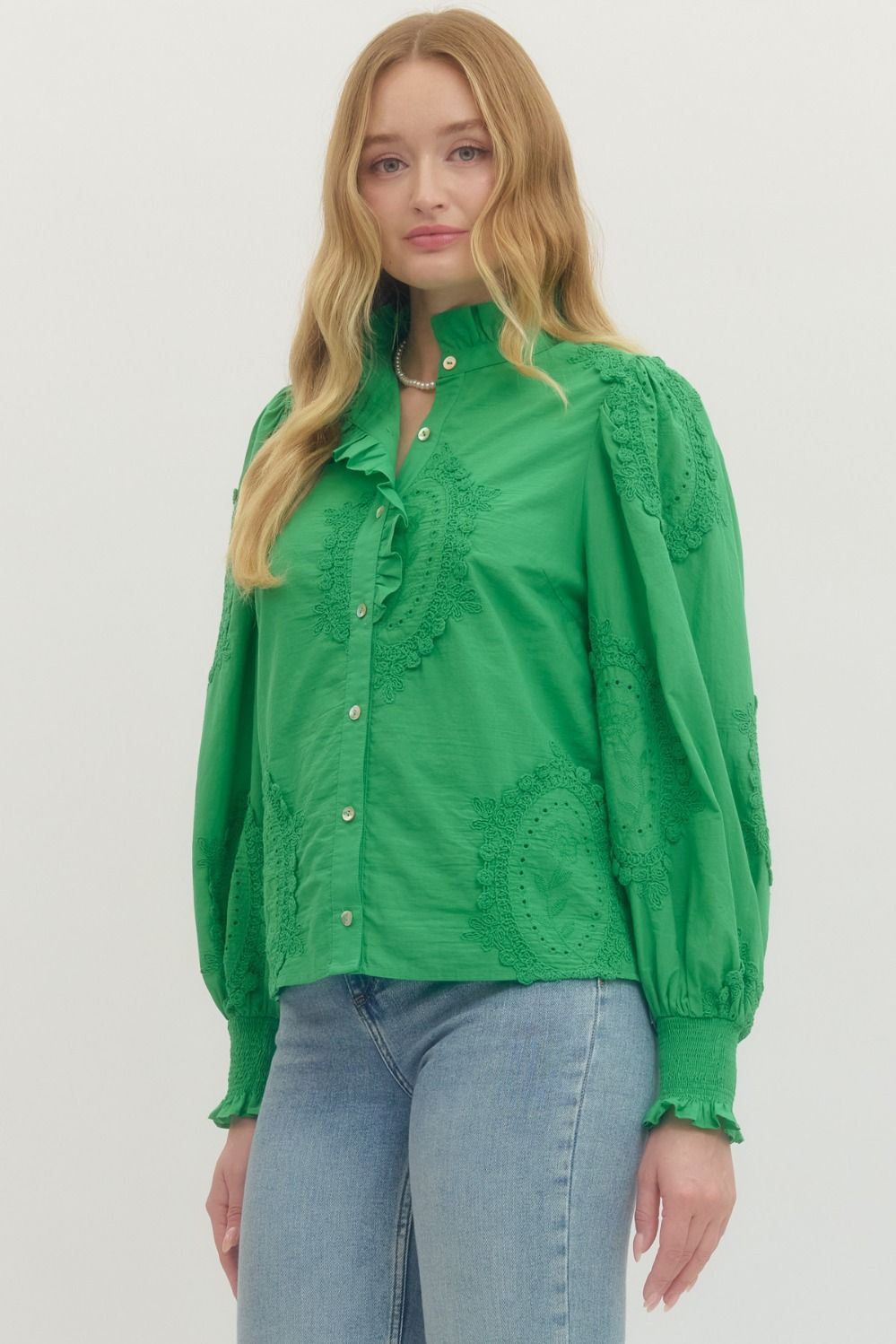 Embroiderd Long Sleeve Top with Eyelet Detail